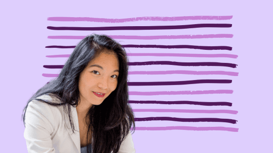 Fairygodboss CEO Georgene Huang smiling on a purple background