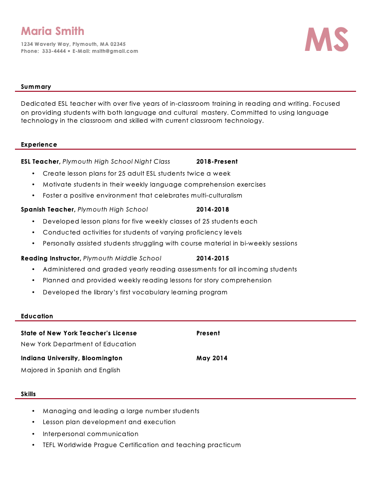 ESL Teacher Resume Example | Fairygodboss