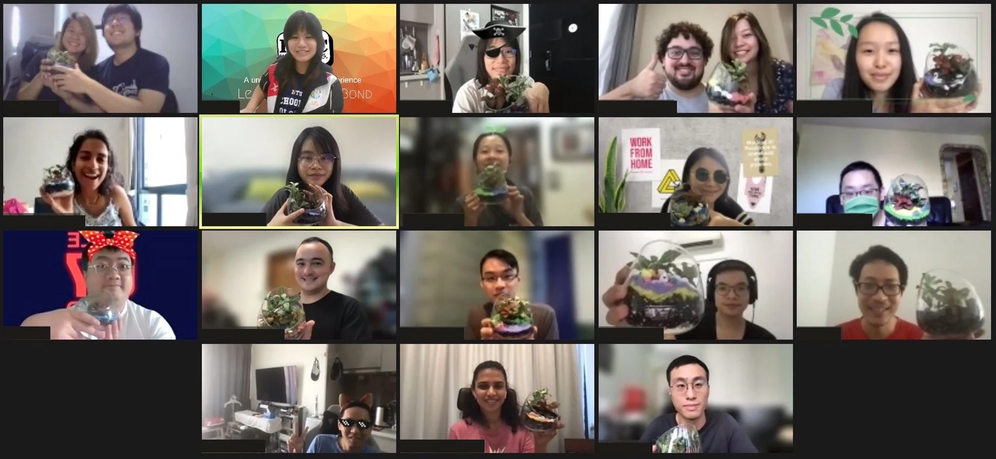 A screenshot of Nishita’s team members, each holding a terrarium on camera.