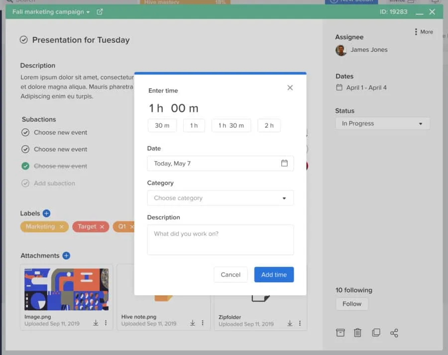 Time tracking on action card
